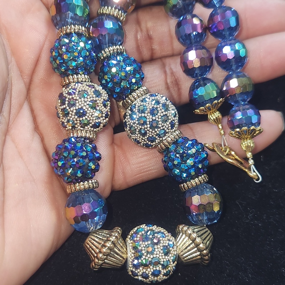 Blue Aurora Borealis Crystal Bead Necklace Gold Tone Pave Disco Ball 16 Inch